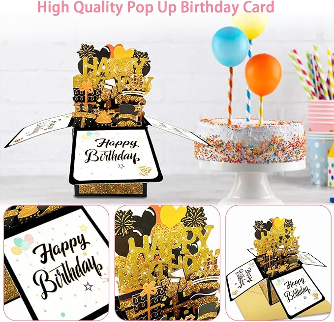 2 Pcs Sweet Happy Birthday Pop Up Card, Funny 3D Birthday Gift Box for Adults and Kids with Envelopes, Unique Handmade Foldable Celebration Cards for Daughter,Son,Mom,Dad,Husband,Friend (Black pink cake)