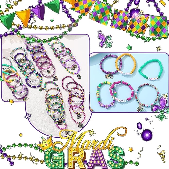 Cooluckday 36 Pcs Holiday Heishi Surfer Bracelets for Women Bulk Easter Mother's Day Christmas St. Patrick's Day Mardi Gras Bracelet Stackable Stretch Friendship Bracelets Set