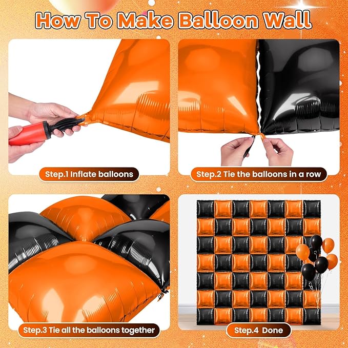 50 PCS Black and Orange Square Foil Balloons Wall Backdrop 19 inch Reusable Mylar Balloons Tunnel Garland Arch Kit for Halloween Party Basketball Retirement Birthday Graduation Decoration