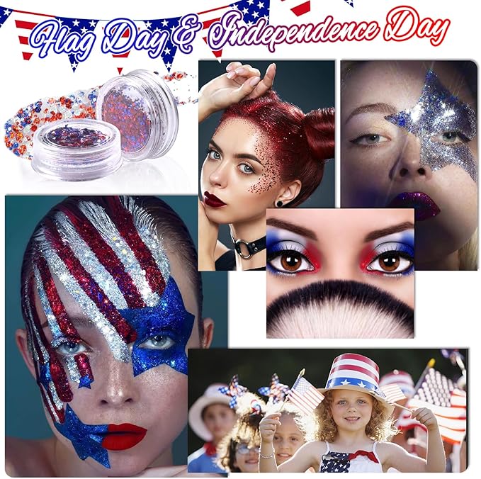 Laza Independence Day Body Glitter, 2 Jars Olympic Red Blue White Chunky Sequins with Glue Women Eyeshadow 4th of July Face Paint Festival Rave Outfit Hair Accessories Party Costumes – Circus Carnival