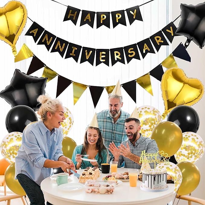 Happy Anniversary Decorations Kit - 26 Pcs Black Gold Birthday Banner Supplies Cake Topper Foil Latex Ballons Glitter Shoulder Strap Decor for Men and Women Wedding Party Decoration