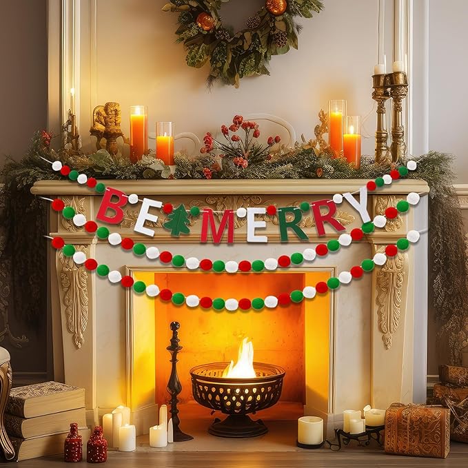 Breling 3 Pieces Christmas Felt Ball Garland 10ft Christmas Pompom Decorations Happy Holidays Banner Mantle Fireplace Room Xmas Party Hanging Decor (Red, Green, White)