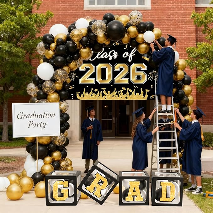 Graduation Decorations Class of 2026-123pcs Black Gold Graduation Party Decorations include Balloon Boxes with Letters, Balloon Arch Kit and Backdrop for 2026 Grad Party Supplies