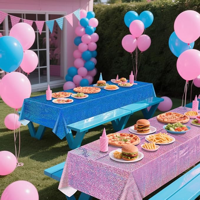 2Pcs Pink & 2Pcs Blue Holographic Tablecloths Rectangular Pink and Blue Iridescent Shimmer Metallic Table Covers for Baby Shower Gender Reveal Decorations Boy or Girl Birthday Supplies, 54 x 108inch