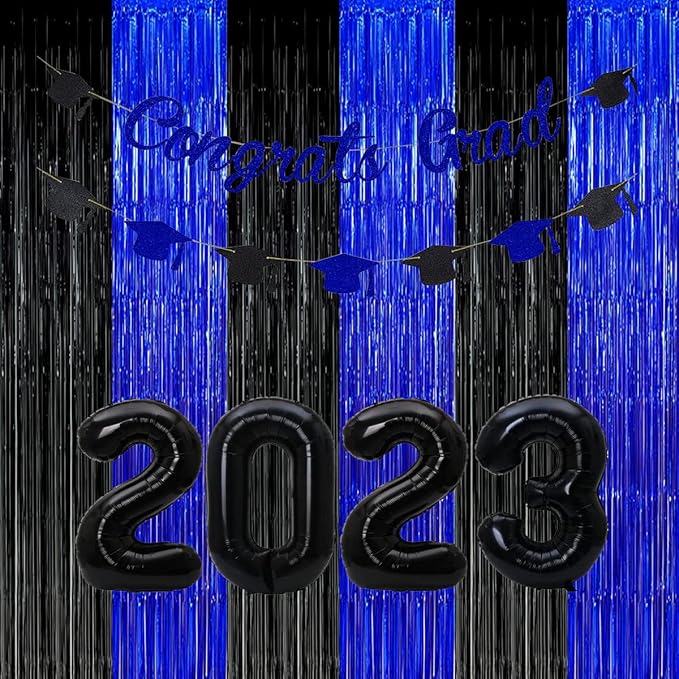 Black Blue Party Decorations Backdrops, Gaming Party Foil Fringe, 2026 Graduation Black Blue Curtains Backdrops for Boys Birthday New Year Baby Shower Gamer Fan Party Decorations (3 Pack)