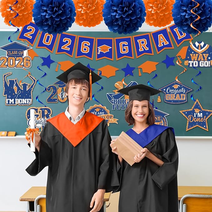 Orange and Blue Graduation Decorations, Grad Banner and Congrats Grad Hanging Swirls, Orange and Blue Graduation Banner Graduations Hanging Swirls College Graduations Party Decorations Class of 2026