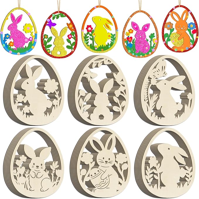 36PCS Wooden Easter Ornaments to Paint, 6 Styles DIY Blank Unfinished Wood Egg Cutouts Ornament for Crafts Hanging Decorations Happy Easter Hallow Egg Rabbit Bunny Butterfly Flower Hen