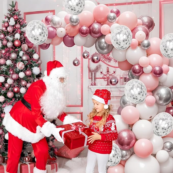 Pink Winter Wonderland Balloons, 60PCS Pearl White & Pink Double Stuffed Balloons, Metallic pink Silver and Snow Balloon for Princess Ice Wonderland Baby Shower Christmas Birthday Party Decorations