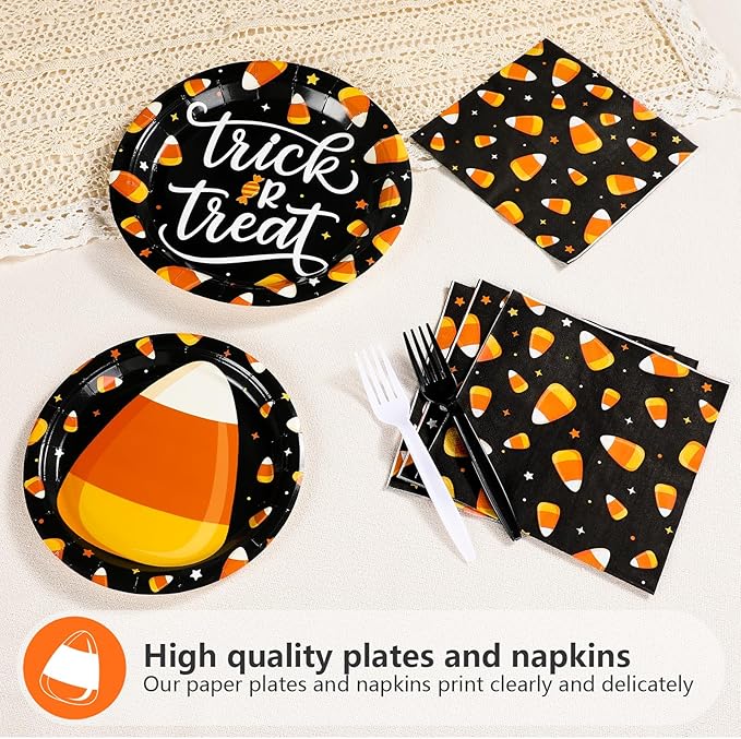 Grencian 96PCS Candy Theme Corns Halloween Party Supplies Set Orange Trick Treat Halloween Plates and Napkins Candy Theme Corns Disposable Tableware Set for Birthday Decorations