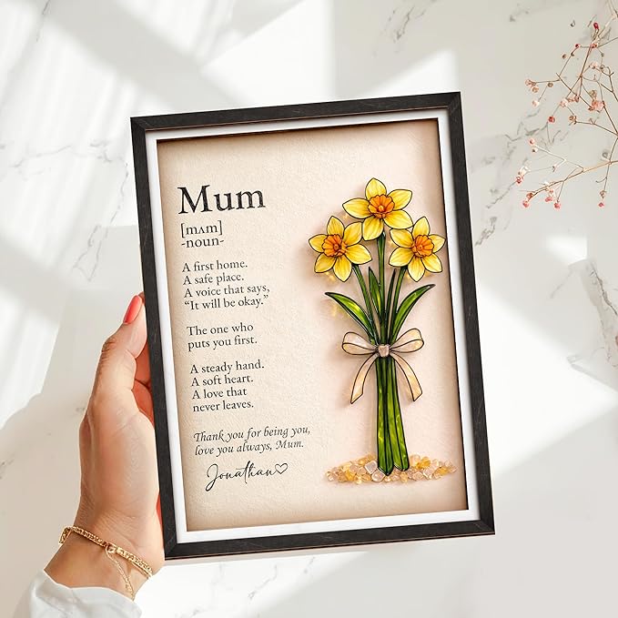 Personalized Birthday Gift for Women, Mom Birth Flower Frame, Custom Mum Definition Art Craft Family Keepsake, Gifts for Mothers Day, Grandma, Nana, Nini Gifts, Decorative Sign for Home