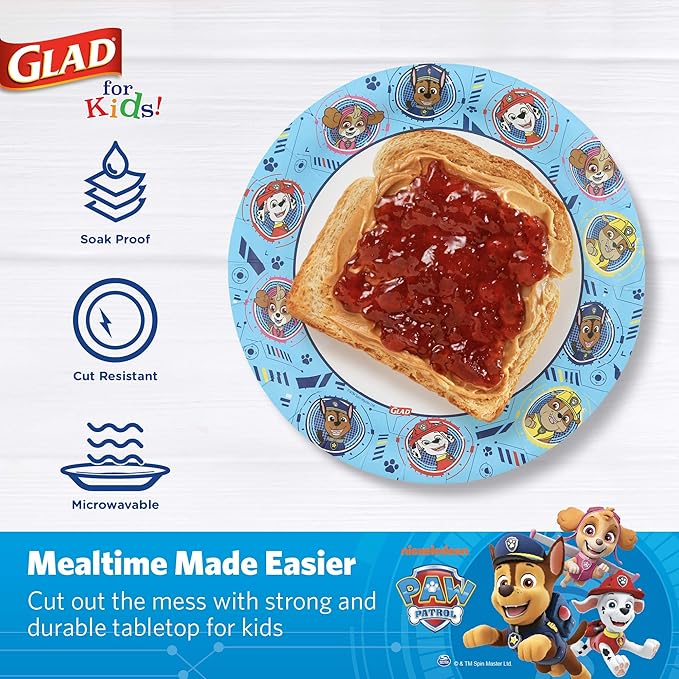 Glad for Kids Paw Patrol Disposable Paper Plates, Heavy Duty Soak Proof Microwavable Kids Plates for Parties, Birthdays, and Everyday Meals, Core Pups Blue, 7 Inch, 20 Count - 10 Pack