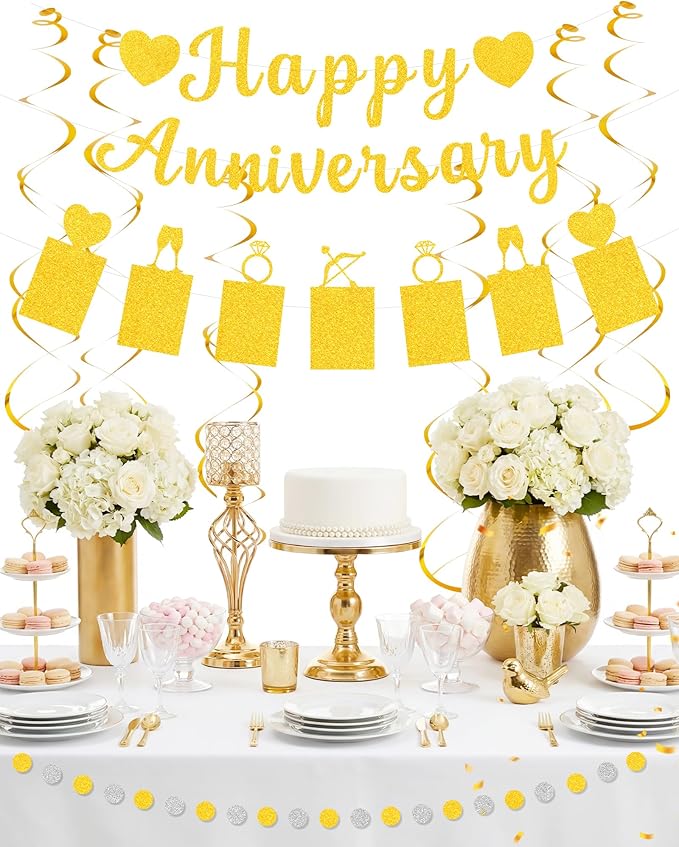 Happy Anniversary Party Decoration Set-Gold Glitter Banner,Photo Banner,Confetti Garland, Hanging Swirls-Elegant Wedding Anniversary Decor