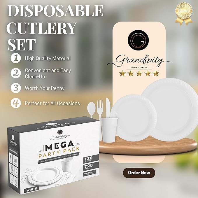 Grandipity 720 Piece White Disposable Dinnerware Set, Plastic Dinnerware Set Includes 120 Count 9' Dinner Plates, 7' Dessert Plates, 12oz Cups, Forks, Knives & Spoons