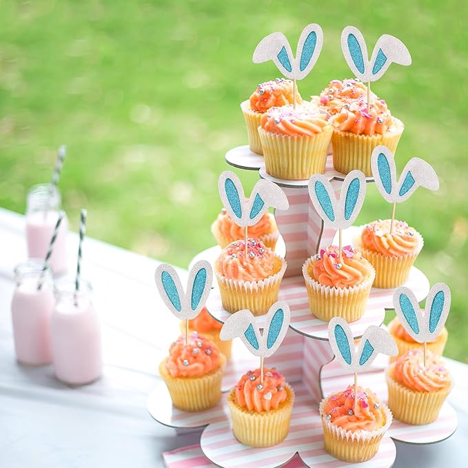 Ercadio 24 Pack Easter Bunny Ear Cupcake Toppers Glitter Blue White Rabbit Ears Cupcake Picks Easter Bunny Cupcake Toppers Rabbit Cake Toppers for Kids Boys Birthday Baby Shower Party Supplies
