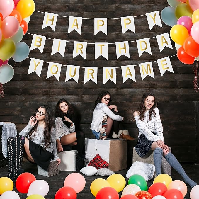 Pre-Strung Happy Birthday Banner Custom Banner Kit with Name 68PCS DIY Letter Banners Personalized Banners for Party White Golden