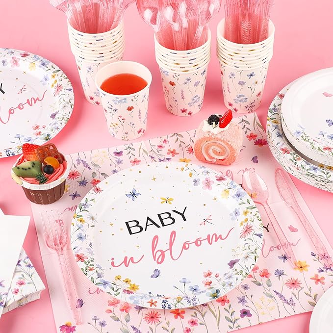 Kochorie 175 Pieces Wildflower Spring Floral Party Supplies Baby in Bloom Tableware Set 7 Inch & 9 Inch Paper Plates Napkins Cups Cutlery for Spring Picnic Baby Shower Decoration, Serve 25 Guests