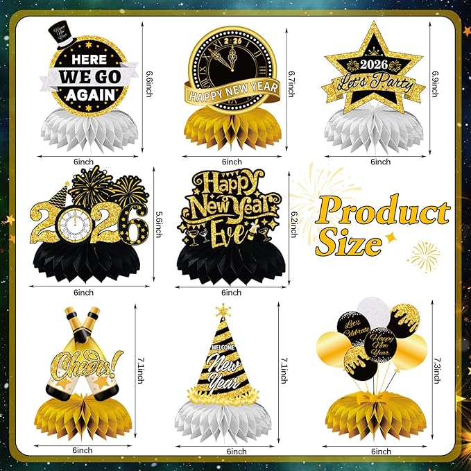 JULMELON Happy New Year Decorations 2026, 8 PCS New Years Honeycomb Centerpieces Table Decorations Black and Gold Table Toppers Decor for New Year Eve Party Supplies Favors