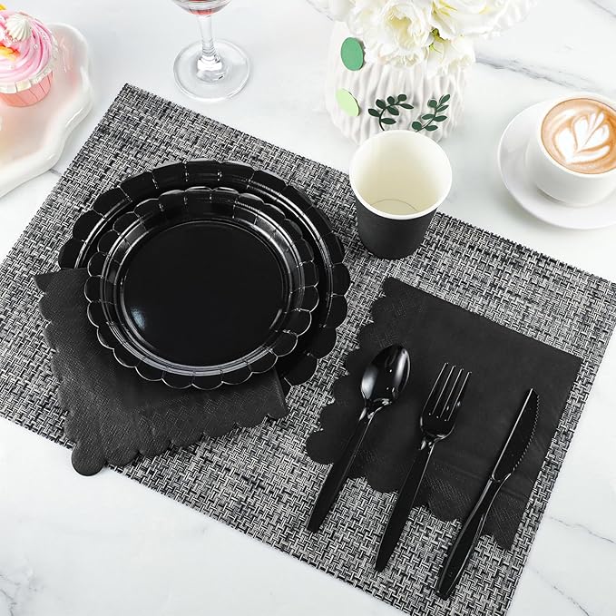 175 Pcs Black Plates and Napkins 25 Guest Black Party Supplies Includes Scalloped Party Plate Napkins Cups Plastic Cutlery for Birthday, New Year