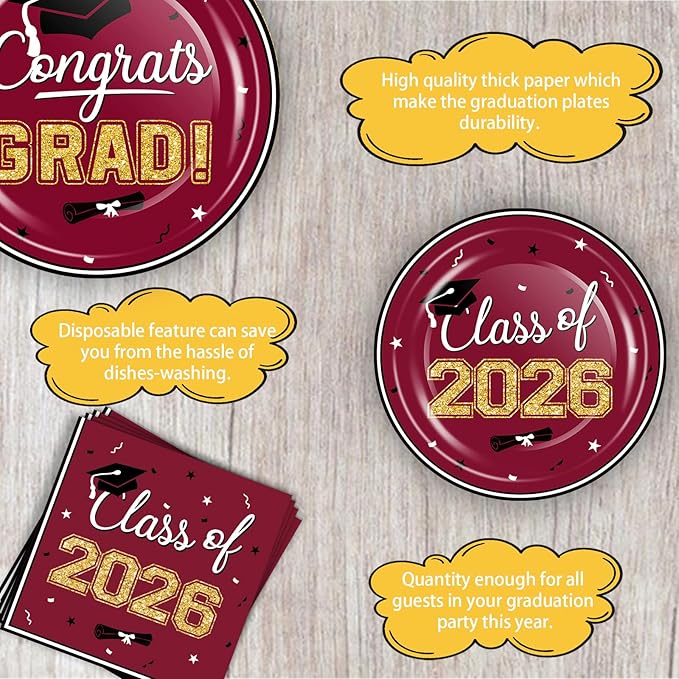 OuMuaMua Class of 2026 Graduation Party Decorations - 200 Pcs Maroon Graduation Plates and Napkins Disposable Dinnerware Set for 2026 College High School Grad Party Decorations, Serve 50