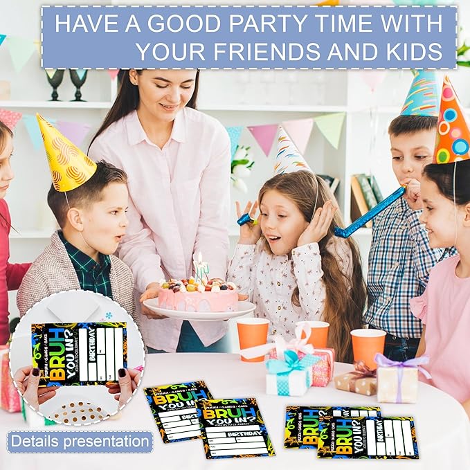 Bruh You In Theme Birthday Invitation, Boys Game Party Invitation Cards, 4 x 6 Double Sided 20 Count with Envelopes Party Supplies, Fill in Blank