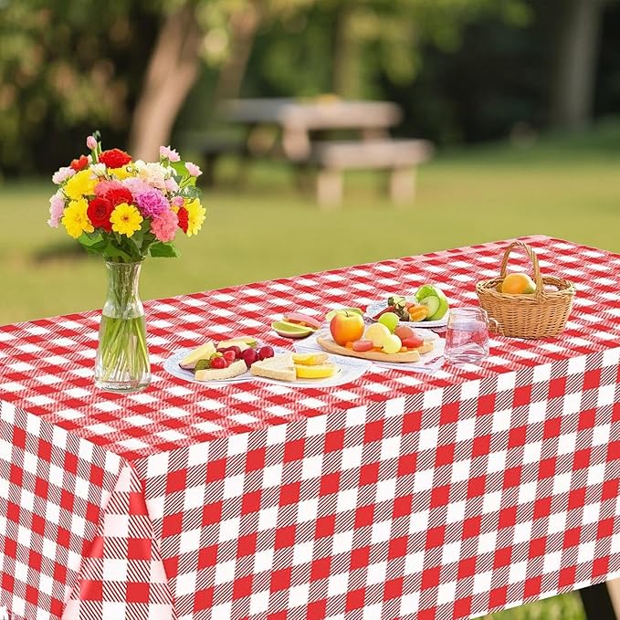 3 Pack Red and White Checkered Tablecloth, 54 X 108Inch Plastic Red Gingham Table Cloth Disposable Spring Picnic Tablecloth Waterproof Red Checkered Table Cover for BBQ Picnic Barbecue Birthday Party