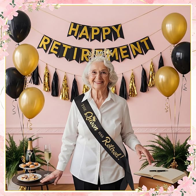 2 Pcs Retirement Party Decorations Retired Sash Retired Queen Tiara Crown for Women Retirement Gifts Black Sash and Gold Rhinestone Headband for Party Supplie, Gifts, Favors