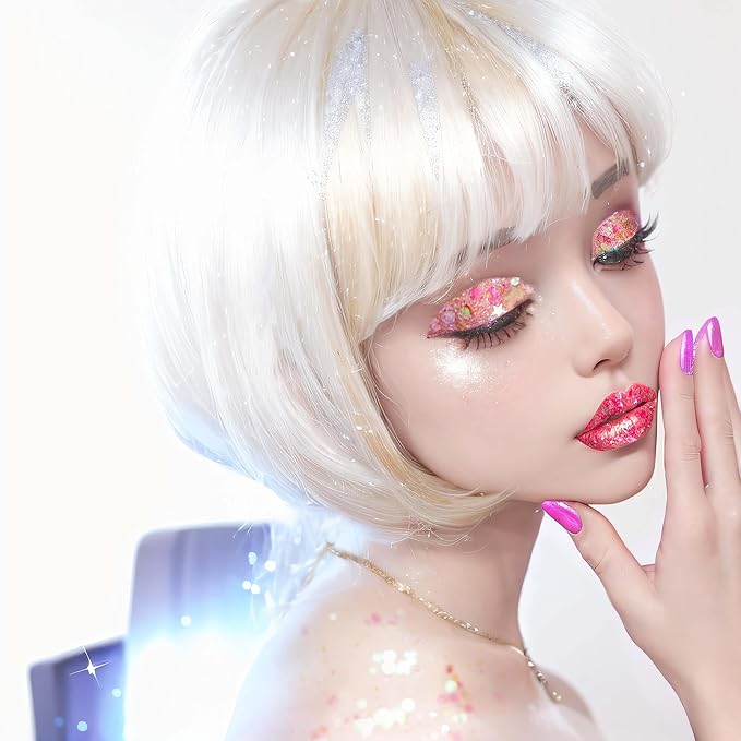 MEICOLY Valentine Pink Face Body Glitter,Holographic Sparkly Hair Glitter,Pink Accessories for Spirit Week,Singer Concerts Lover Heart Halloween Glitter Makeup,Self-adhesive Mermaid Glitter Face Paint