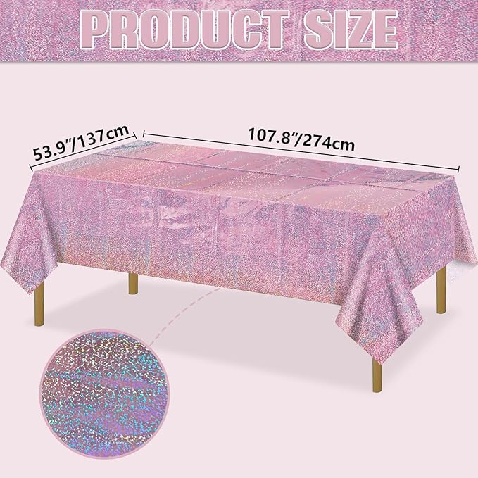 4Pcs Pink Holographic Tablecloths Rectangular Pink Iridescent Tablecloth Shimmer Metallic Table Covers for Girls Princess Wedding Witch Theme Birthday Party Decorations, 54x108Inch