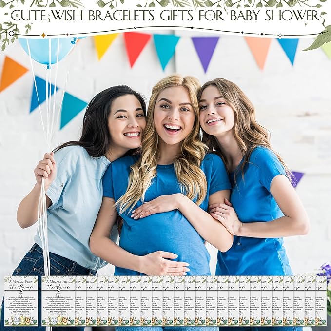 Thyle 50 Set Safari Baby Shower Favors for Guests Adjustable Bracelets with Message from The Bump Card Footprints Charm Baby Shower Bracelets for Gender Reveal Thank You Gifts