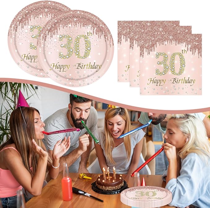 30th Rose Gold Birthday Plates and Napkins, 9 Inch Pink Rose Gold Disposable Dinner Dessert Plates Happy 30th Birthday Party Supplies Decorations for Girls Women