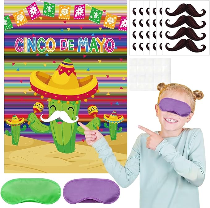 AUGSUN Mexican Fiesta Party Games Pin Tail Game Poster Large Cinco De Mayo Game with Stickers and Blindfolds for 5 De Mayo Mexican Themed Fiesta Party Supplies Family Activities Decorations
