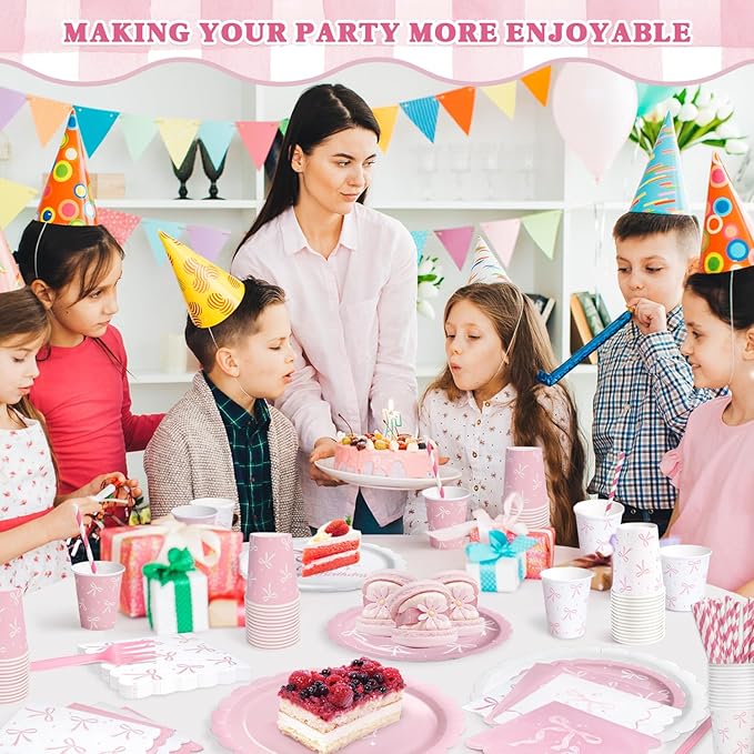 156 Pcs Pink Bow Party Plates and Napkins Cups Tableware Sets for Coquette Birthday Decorations, Pink Birthday Supplies Include Straws, Pink Party Decorations Which Can Serve 26