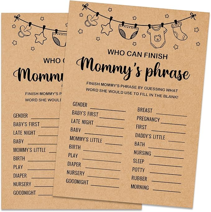 Baby Shower Game, Who Can Finish Mommy's Phrase Game Cards, Set of 30 Cards, Baby Shower Party Games Supplies & Activities, Gender Reveal Games For Guests, Baby Shower Ideas, Kraft