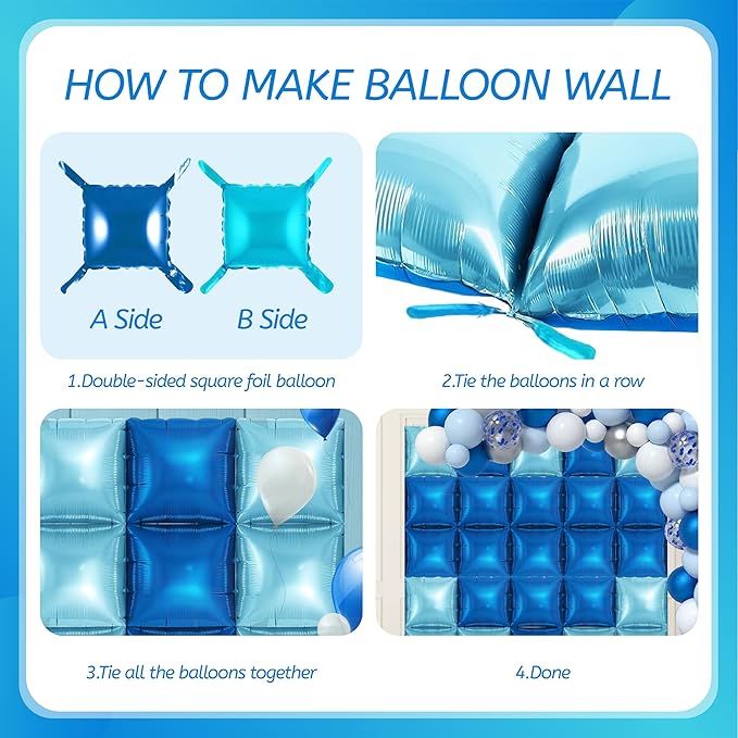 50 PCS Blue Balloon Arch Kit Wall, 19 Inches Metallic Navy and Pearl Blue Double Sided Square Foil Balloons Backdrop Tunnel Arch Kit for Birthday Boy Baby Shower Bachelorette Party Decoration