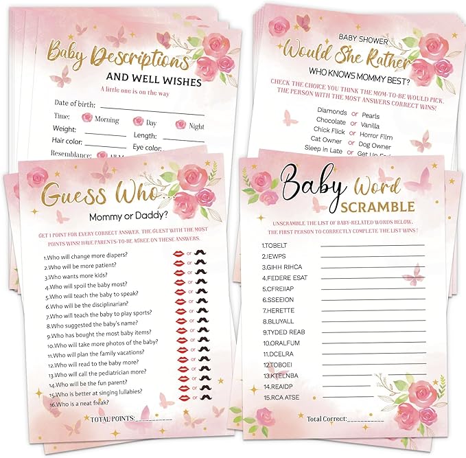 HOMANGA Baby Shower Games for Girl, 4 Fun Games for 25 Guests, Pink Floral Baby Shower Decorations, Who Knows Mommy Best, Guess Who Mommy or Daddy, Word Scramble, Babies Descriptions & Well Wishes