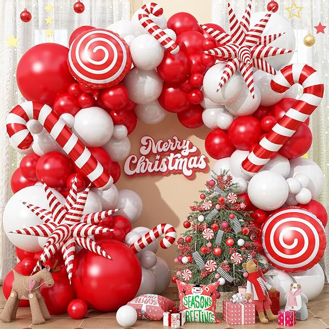 Christmas Balloon Garland, Red White Xmas Balloons Arch Kit with Foil Candy Cane Lollipop Balloons and Red White Star Mylar Balloon for Merry Christmas Party New Year Holiday Birthday Decorations