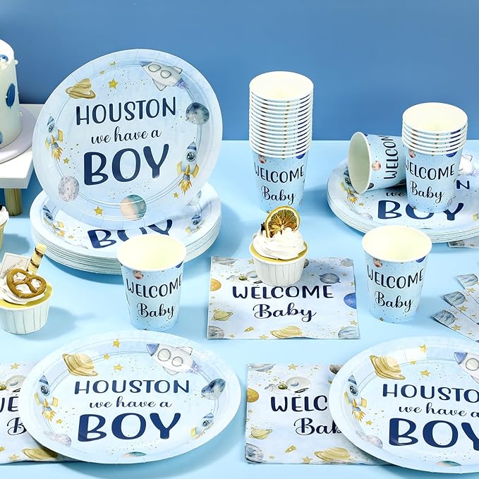 Hushee 200 Pcs Outer Space Baby Shower Paper Plates Napkins Cups Baby Shower Party Supplies Tableware Set Disposable Cup Napkin for 50 Guest Party Decoration