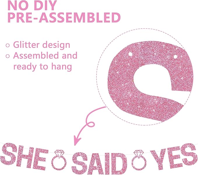 Glitter Pink She Said Yes Banner Pre-Strung Engagement Decorations Bridal Wedding Party Sign Valentine's Day Garland Bachelorette Party Decor,NO DIY