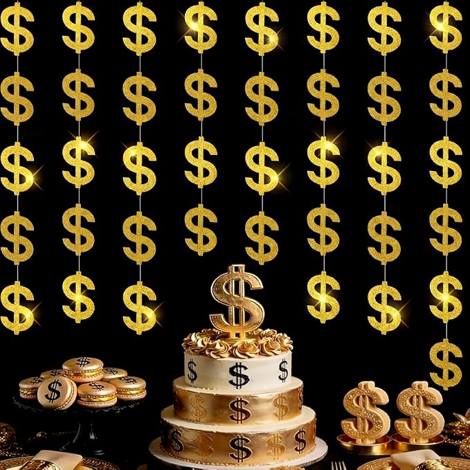 Xinnun Money Party Decorations Gold Old Dollar Sign Hanging Banners Currency Symbol Banner Cutouts Finance Investment Theme Ribbon Streamers for Casino Money Bachelorette Birthday Party Decor