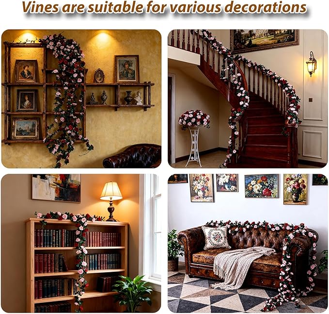 Miracliy 8Pcs 66FT Red Flower Garland, Orange Artificial Rose Floral Vines Fake Hanging Spring Flower Garland for Wall Backdrop Wedding Arch Tea Party Door Mantle Decoration