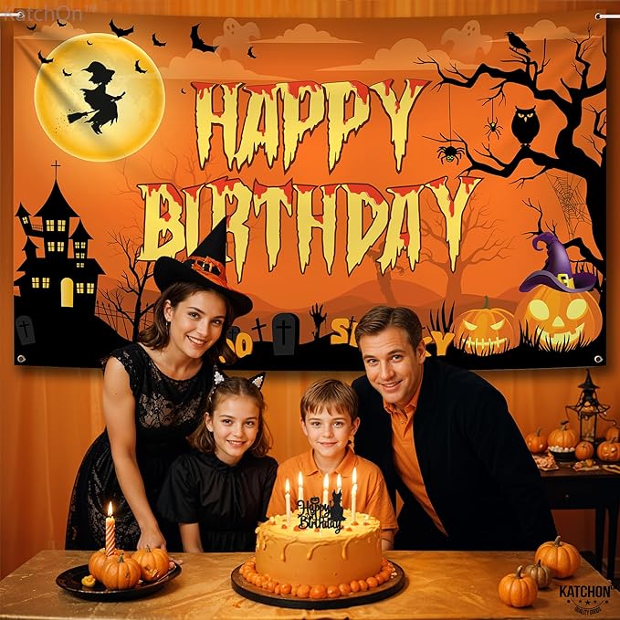 KatchOn, Halloween Happy Birthday Banner - XtraLarge, 72x44 Inch | Spooky Halloween Banner for halloween Birthday Party Decorations | Happy Birthday Backdrop, birthday Decorations Indoor