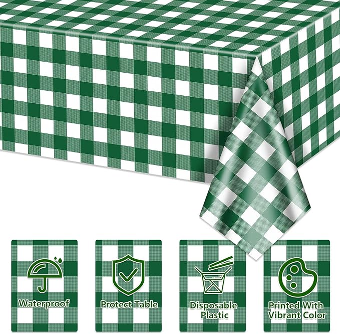 4 Pack Green Gingham Tablecloths, Green and White Checkered Tablecloths 86.6 x 51.2 Inches Gingham Table Covers Rectangular Waterproof Picnic Table Covers for Birthday Party Holiday Outdoor Supplies