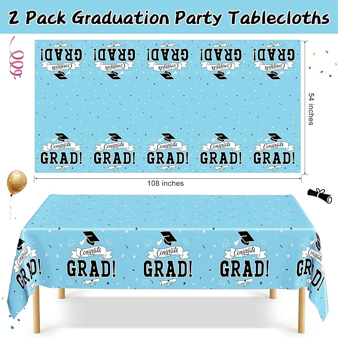 2Pcs Graduation Tablecloths, 108" X 54" Skyblue Graduation Table Decorations 2026, Rectangle Table Cloths for Class 2026 Congrats Grad, Disposable Plastic Tablecover for Grad Decor Party Supplies