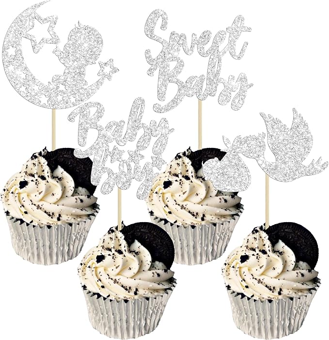 24Pcs Baby Shower Boy Cupcake Toppers Silver Glitter Moon Star Sweet Baby Boy Cupcake Picks Decorations for Gender Reveal Baby Shower Kids Boys Birthday Party Supplies