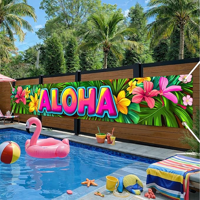 Aloha Backdrop Banner Hello Summer Hawaiian Tropical Theme Supplies Outdoor Banner 118 x 20 inch Party Backdrop Decorations Photo Booth Props Summer Supplies Large Yard Sign