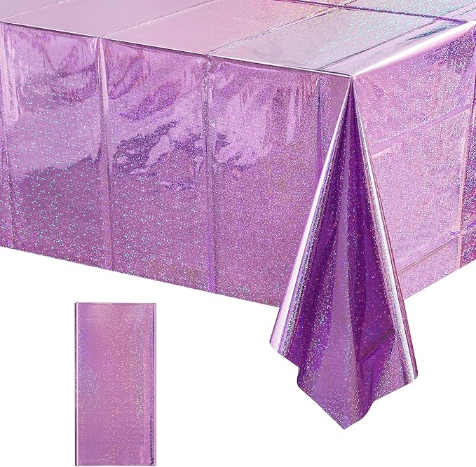 1 Pack Iridescent Light Purple Plastic Tablecloths Shiny Disposable Laser Rectangle Table Covers Holographic Foil Tablecloth Iridescent Kpop Birthday Bridal Wedding Party Decoration, 54 x 108 Inch