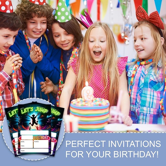 Trampoline Park Birthday Invitations, 4 x 6 Inch Let's Jump Theme Birthday Invites Cards for Boys & Girls, 20 Count with Envelopes, Double Sided Printed, Fill in Blank