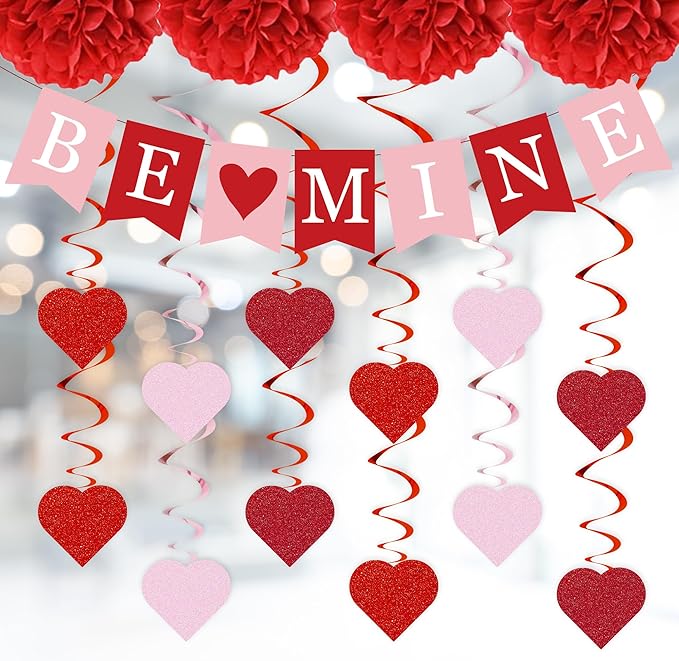 Red Valentine's Day Decoration Set, BE MINE Banner, Love Heart XO Garlands, Rose Petals, Hanging Swirls, Foil Love Balloons For Party Home Classroom Wedding Bedroom Office