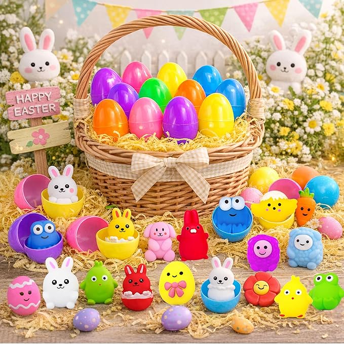 24 Pack Prefilled Easter Eggs with Squishy Toys – Easter Egg Fillers, Easter Gifts, Easter Goodie Stuffers, Classroom Prizes, Party Favors for Kids, Boys and Girls