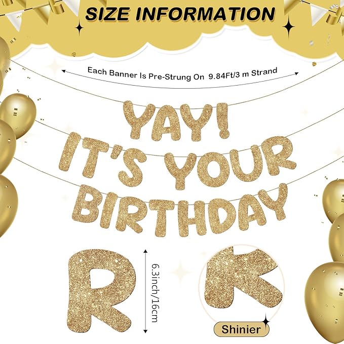 Fulmoon Pre Strung Yay It's Your Birthday Banner Glitter Happy Teen Boys Teen Girls Adult Banner Glitter Funny Birthday Party Decorations(Champagne Gold)